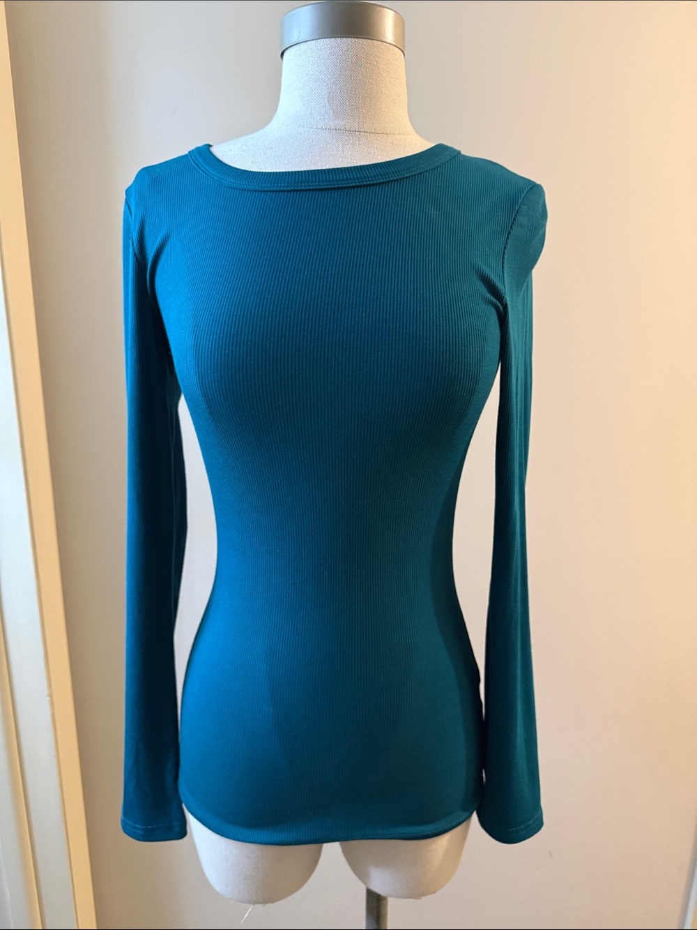 Amazon Essentials Teal Ribbed Long-Sleeve Crewneck Top